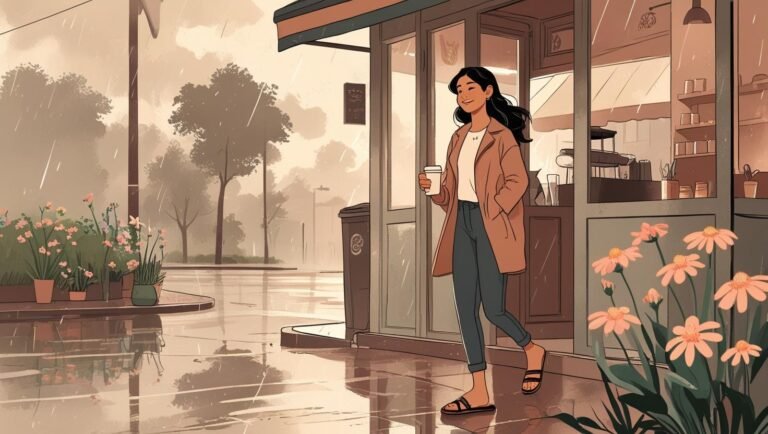 “변덕스러운 날씨 속 설레는 발걸음의 모험”